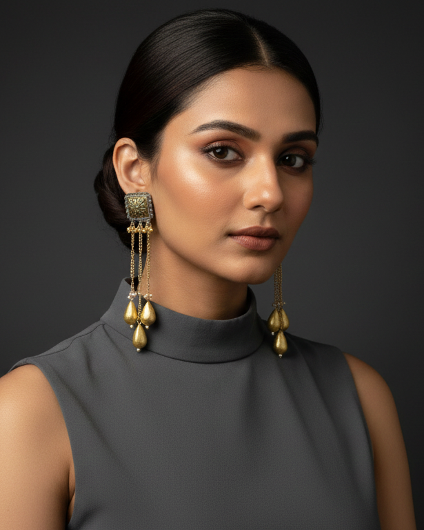 Square Oxidised Kashmiri Drop Earrings