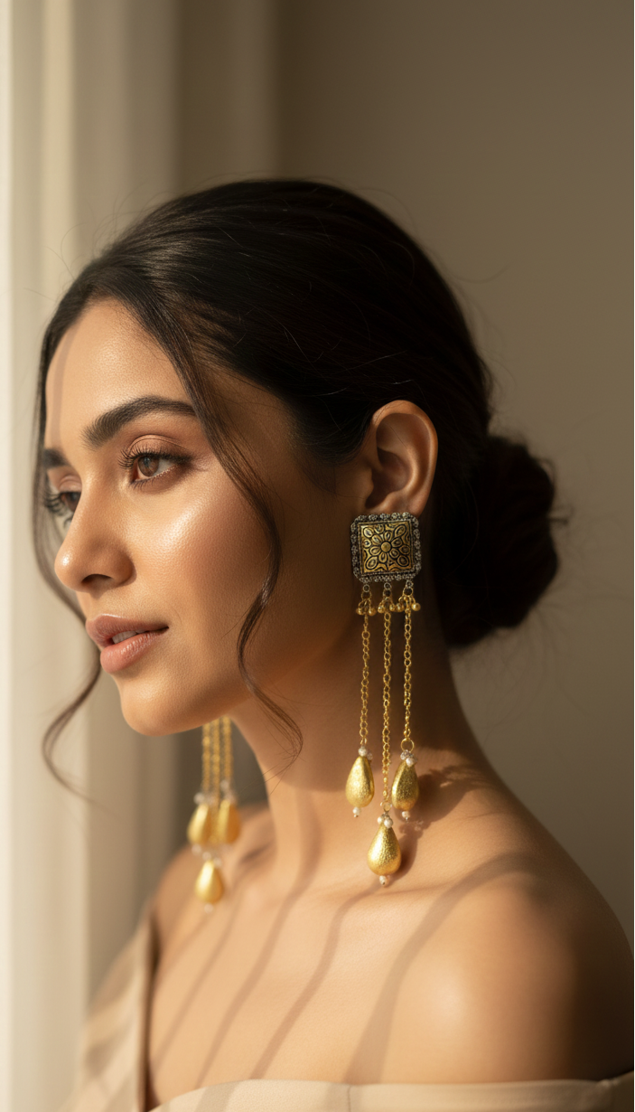 Square Oxidised Kashmiri Drop Earrings
