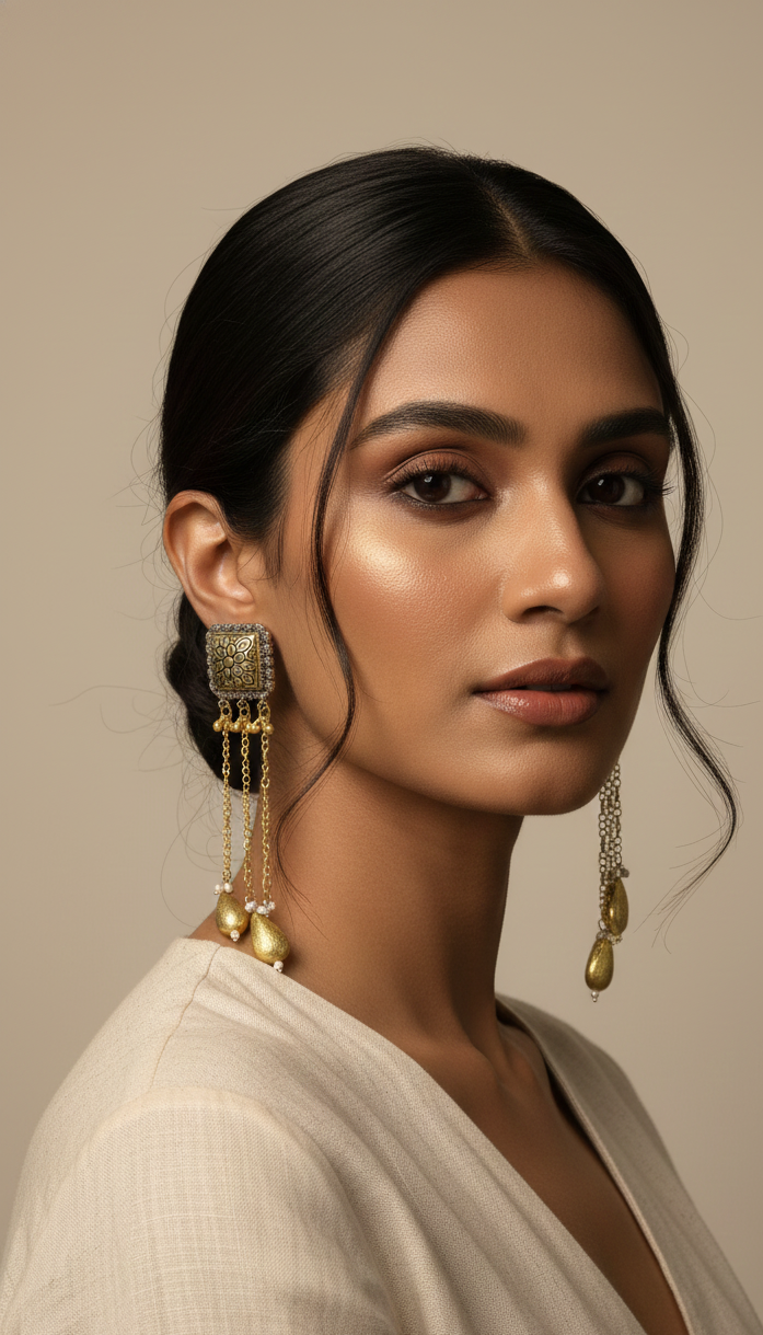 Square Oxidised Kashmiri Drop Earrings