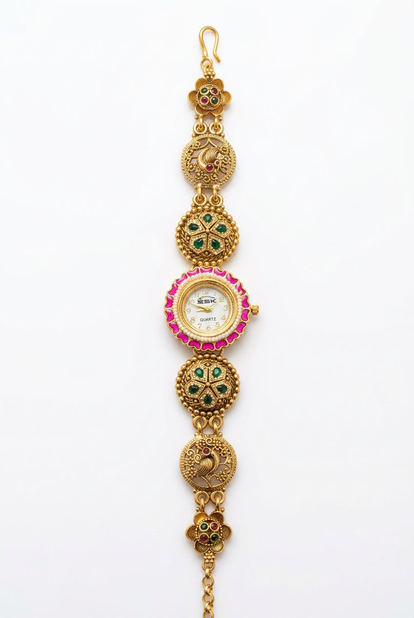 Mayur Pink Enamel Peacock Watch