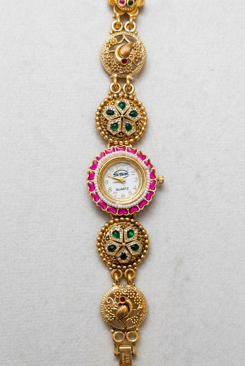 Mayur Pink Enamel Peacock Watch
