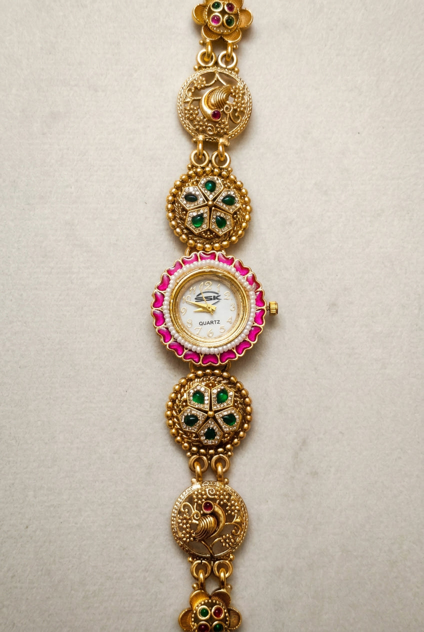Mayur Pink Enamel Peacock Watch