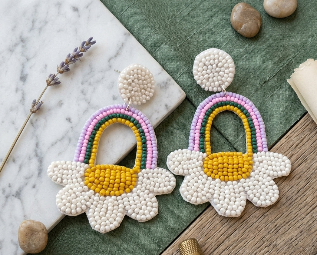 Rainbow Flower Embroidered Earrings | Colourful Floral Statement Earrings