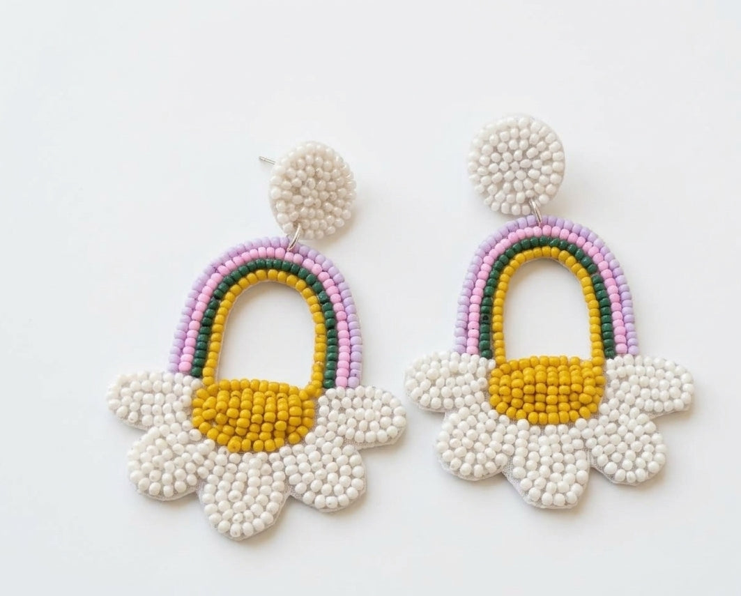Rainbow Flower Embroidered Earrings | Colourful Floral Statement Earrings