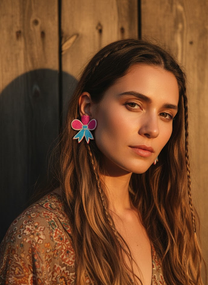 Candy Bow Embroidered Earrings | Pink & Blue Statement Studs
