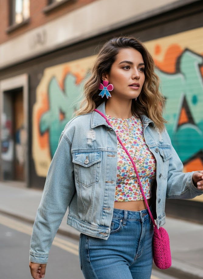 Candy Bow Embroidered Earrings | Pink & Blue Statement Studs