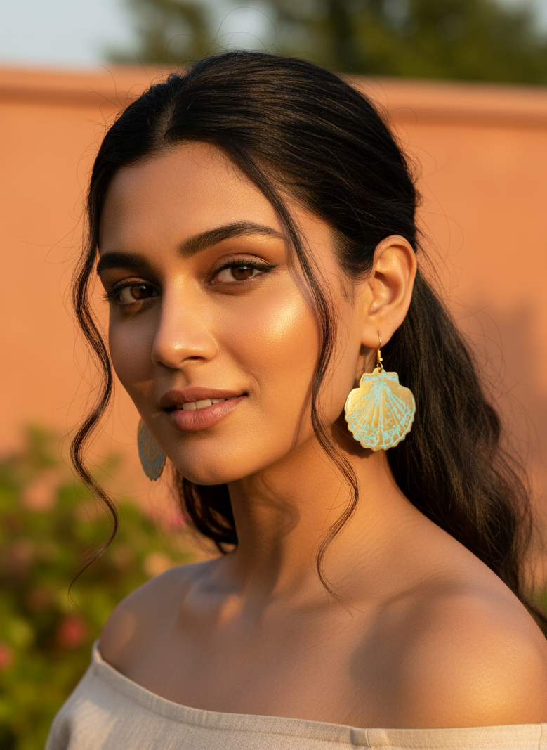 Shell Luxe Golden Brass Earrings | Sky Blue Shell Earrings