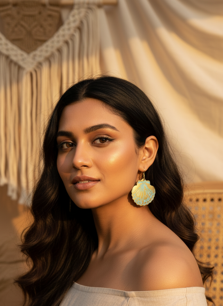 Shell Luxe Golden Brass Earrings | Sky Blue Shell Earrings