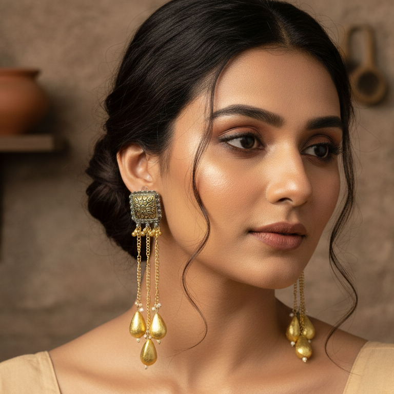 Square Oxidised Kashmiri Drop Earrings