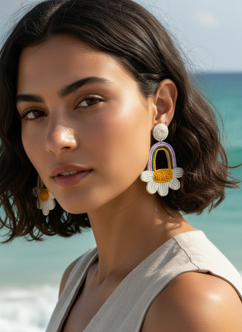 Rainbow Flower Embroidered Earrings | Colourful Floral Statement Earrings