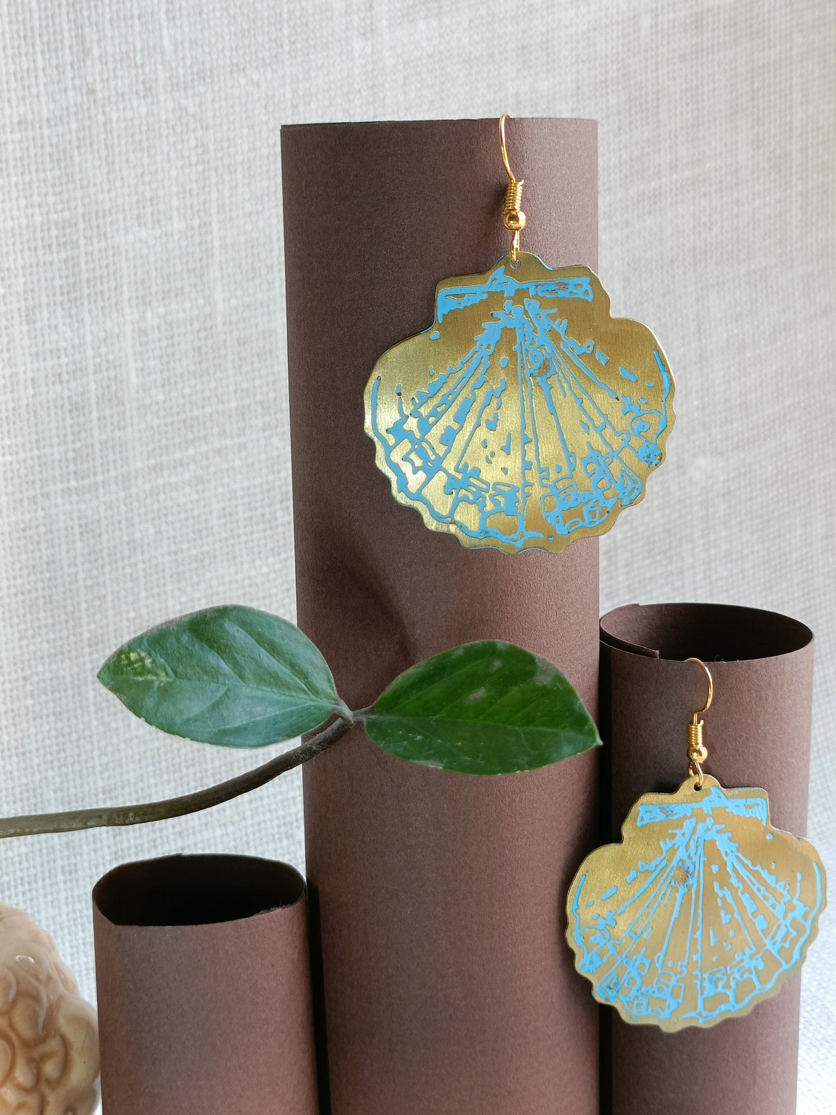 Shell Luxe Golden Brass Earrings | Sky Blue Shell Earrings