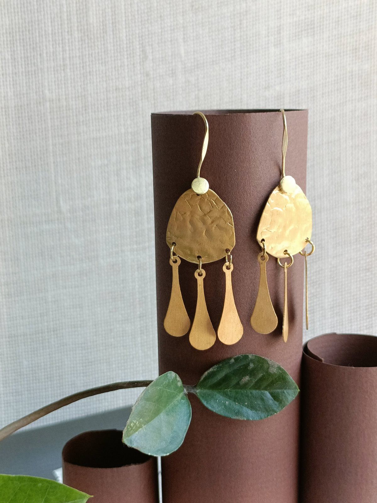 Waves of Gold Hammered Brass Earrings | Rustic Drop Earrings