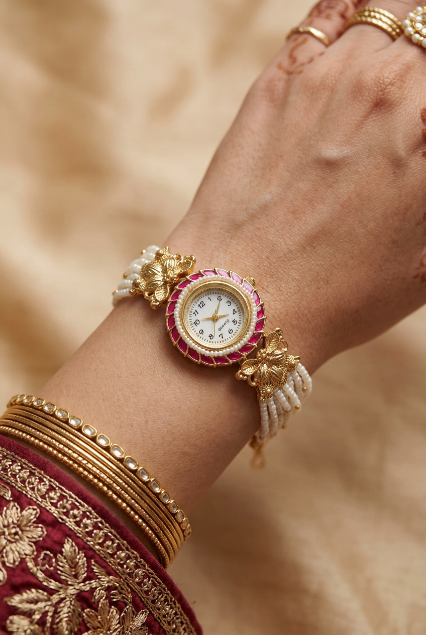 Gulabi Moti Pearl Strap Festive Watch