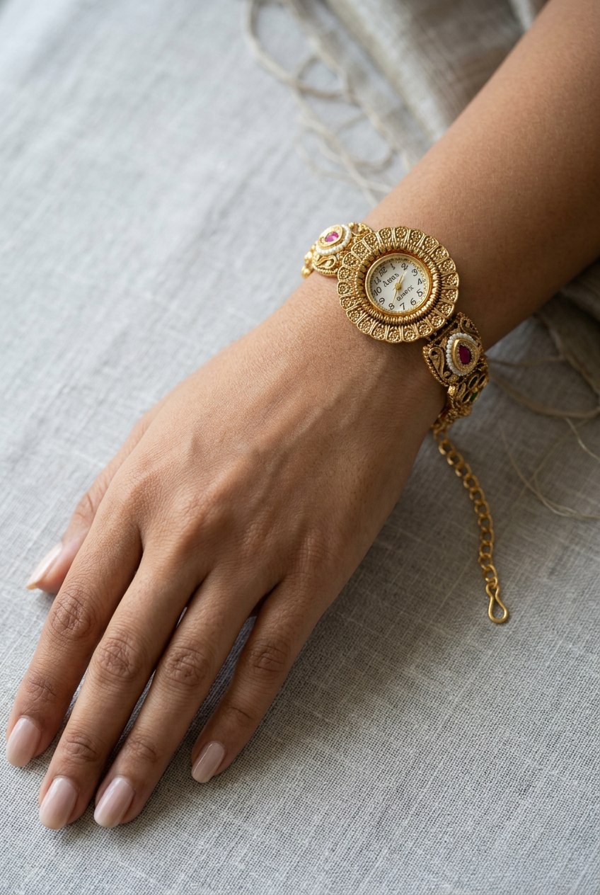 Phoolwari Floral Gold Watch