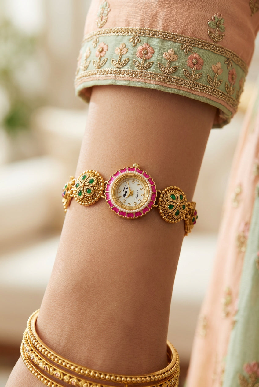Mayur Pink Enamel Peacock Watch