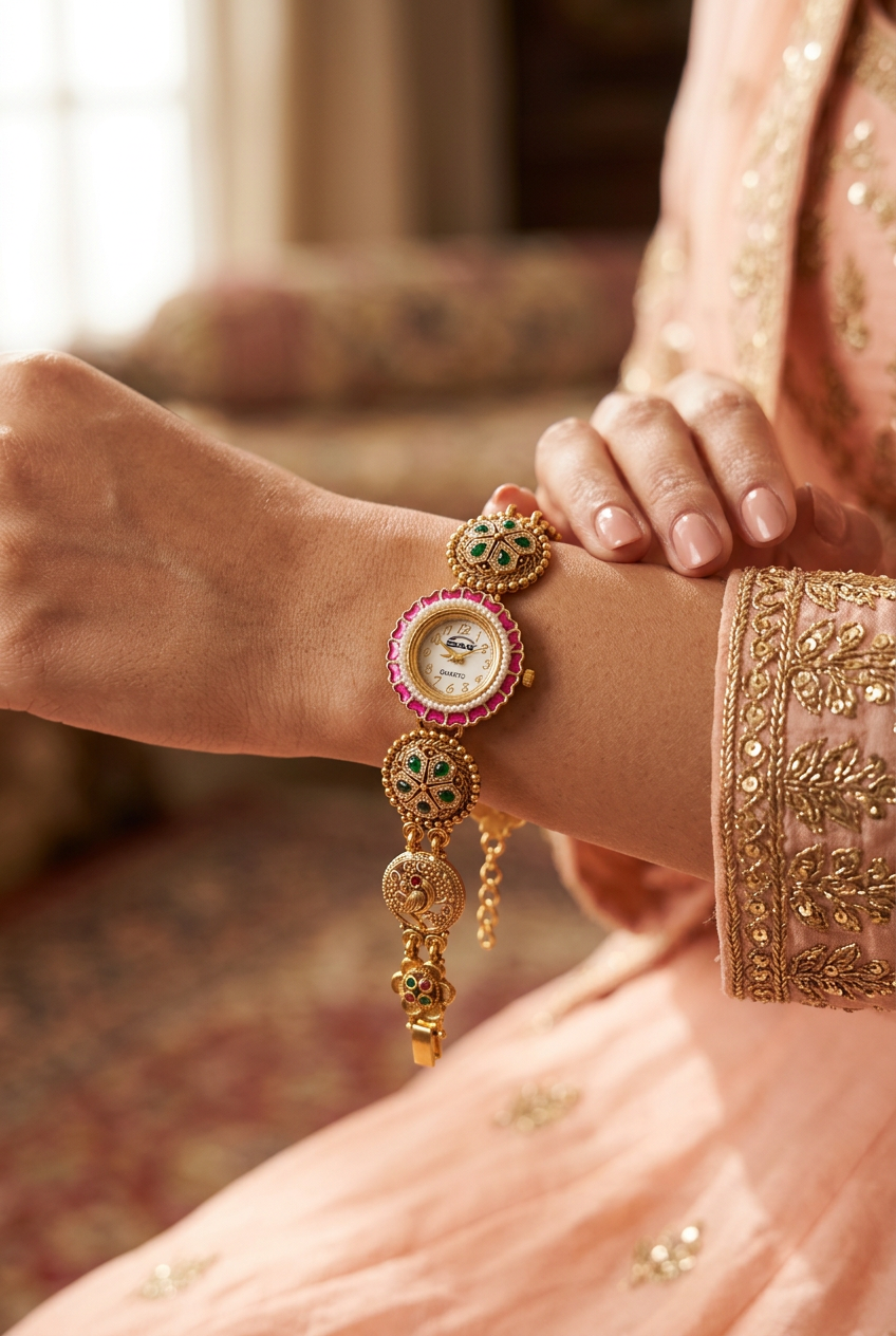 Mayur Pink Enamel Peacock Watch