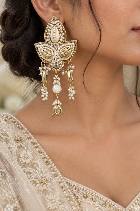 White & Gold Embroidered Earrings | Statement Earrings for Weddings
