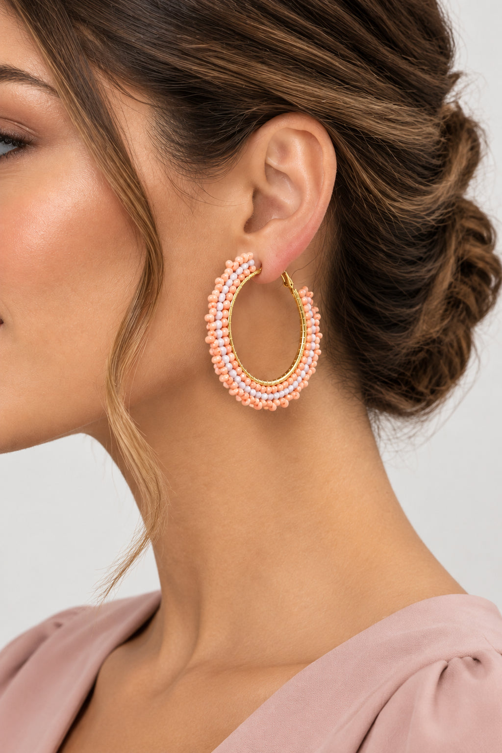 Peach and White Seed Bead Gold Hoops
