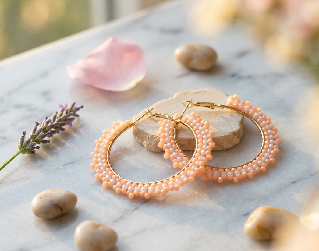 Peach and White Seed Bead Gold Hoops